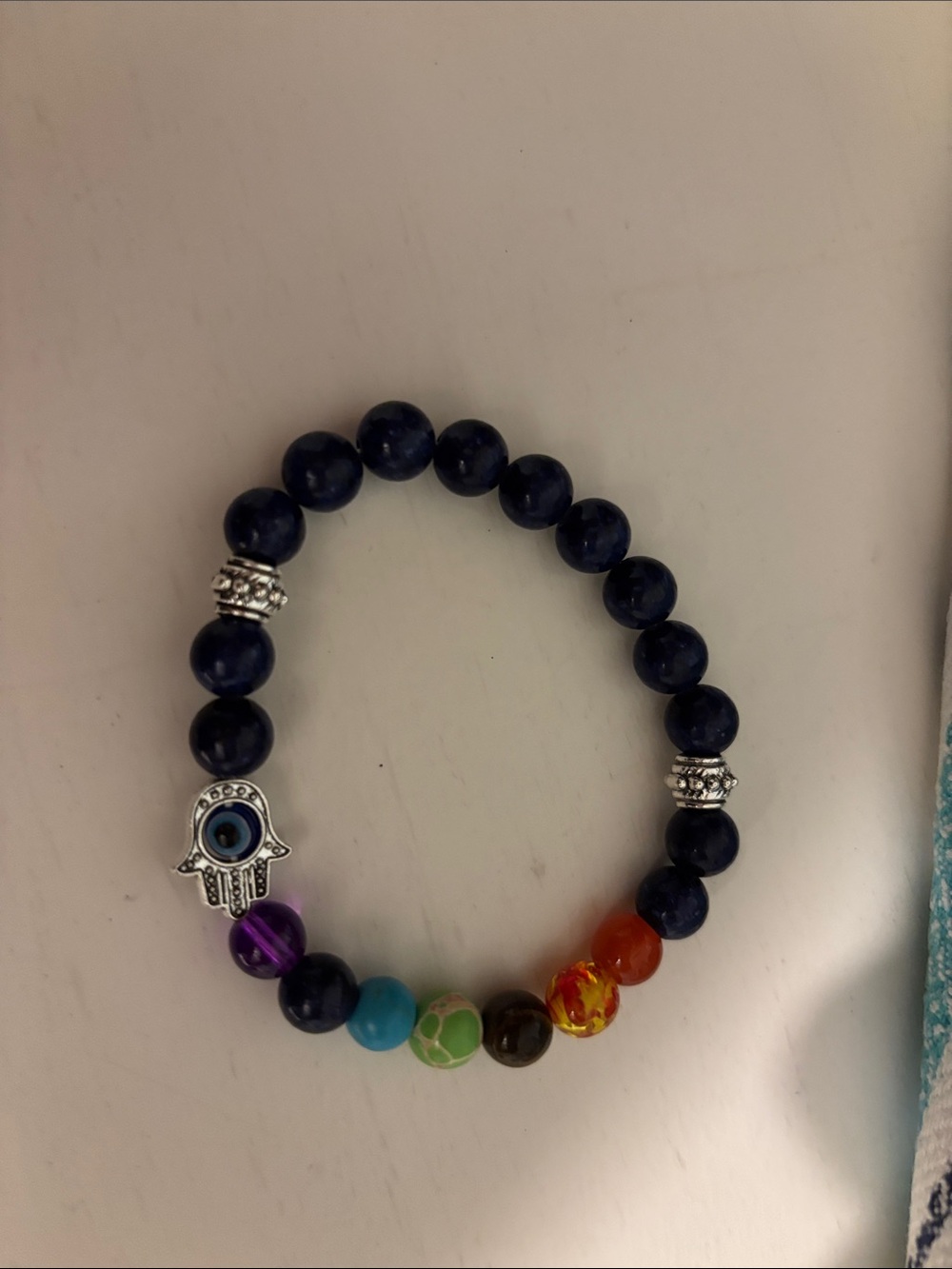 Blue Beaded Hamsa Charm Bracelet with Multicolor Accent Beads